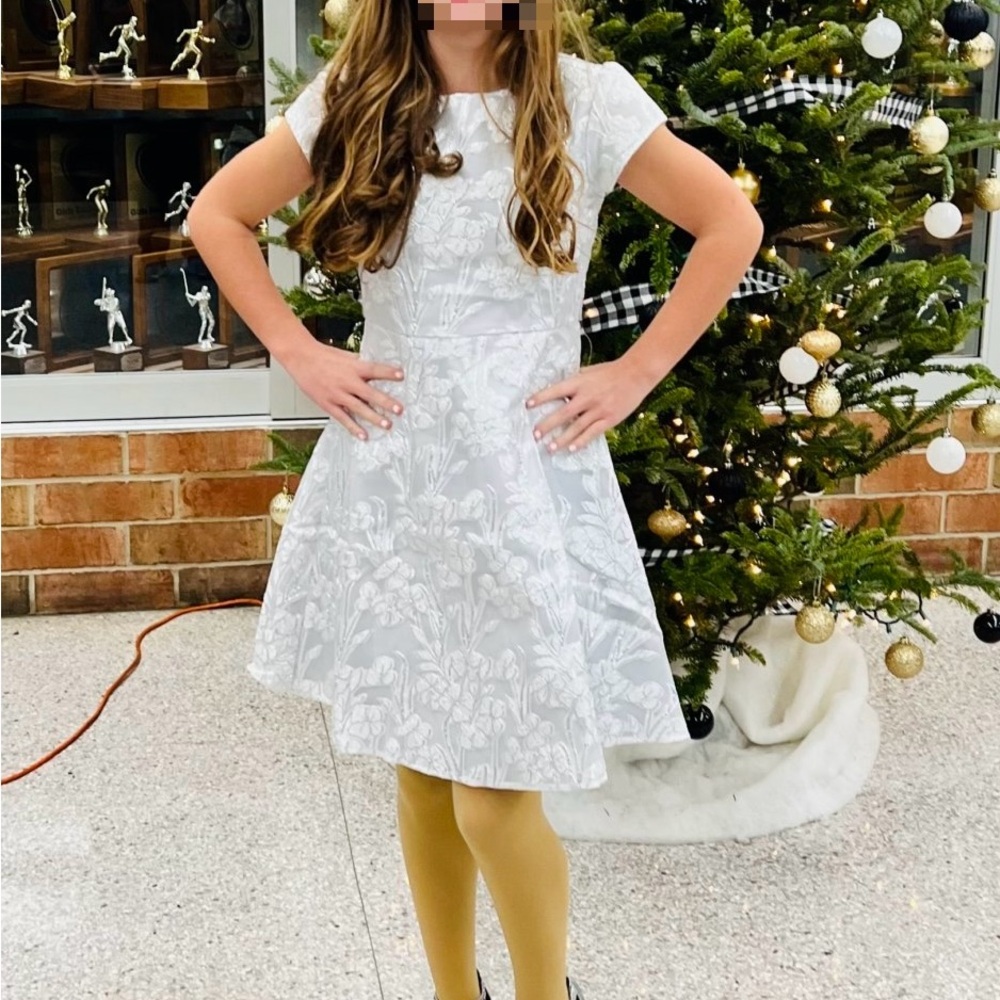 Girls Formal Dress. Us Angels Blush Dress with Silver Floral Brocade Design